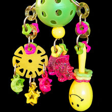 Load image into Gallery viewer, Lots of brightly colored acrylic charms and rings, a mini maraca, spin wheels and large crystal charm hanging from a perforated golf ball base with nickel plated hardware. This toy has lots of movement with many parts to shake and rattle! Designed for small to gentle intermediate sized birds. Available in assorted color combinations.  Hangs approx 8-1/2&quot; including link.
