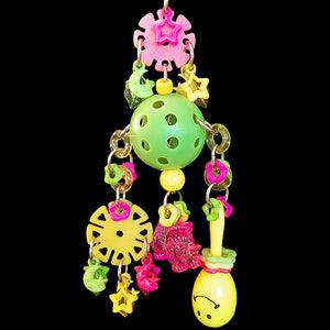 Lots of brightly colored acrylic charms and rings, a mini maraca, spin wheels and large crystal charm hanging from a perforated golf ball base with nickel plated hardware. This toy has lots of movement with many parts to shake and rattle! Designed for small to gentle intermediate sized birds. Available in assorted color combinations.  Hangs approx 8-1/2" including link.
