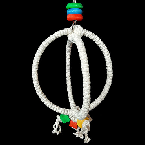 Sturdy steel rings wrapped with 100% cotton rope with brightly colored wood blocks and rings. A fun swing that provides a soft footing and promotes exercise & coordination. Designed for small and intermediate sized birds such as 'tiels, lovebirds, budgies, caiques, senegals, conures and other small parrots.  Measures approx 7