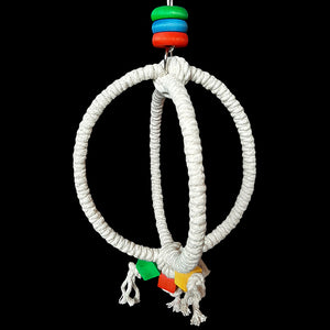 Sturdy steel rings wrapped with 100% cotton rope with brightly colored wood blocks and rings. A fun swing that provides a soft footing and promotes exercise & coordination. Designed for small and intermediate sized birds such as 'tiels, lovebirds, budgies, caiques, senegals, conures and other small parrots.  Measures approx 7" in diameter by 14" including link.