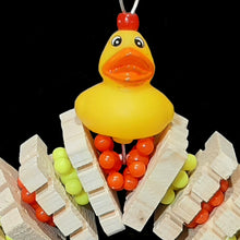 Load image into Gallery viewer, Colorful wood parrot toy built on stainless steel wire. Natural notched pine slices (Busy Beaver Slices) with mini atom beads and two nickel plated bells under a rubber duck. Designed for small birds that love to chew or intermediate sized birds that like smaller toys.
