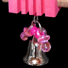 Load image into Gallery viewer, This little elephant girl is sitting pretty with pony beads, mini pacifiers &amp; wiggle rings on a notched pine block with corks on the sides and a shiny bell on the bottom. Built on stainless steel wire with nickel plated hardware.
Hangs approx 7-1/2&quot; including link.

