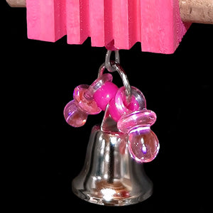 This little elephant girl is sitting pretty with pony beads, mini pacifiers &amp; wiggle rings on a notched pine block with corks on the sides and a shiny bell on the bottom. Built on stainless steel wire with nickel plated hardware.
Hangs approx 7-1/2" including link.