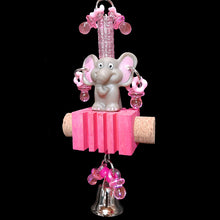 Load image into Gallery viewer, This little elephant girl is sitting pretty with pony beads, mini pacifiers &amp; wiggle rings on a notched pine block with corks on the sides and a shiny bell on the bottom. Built on stainless steel wire with nickel plated hardware.
Hangs approx 7-1/2&quot; including link.
