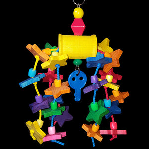 Flowing out of a big wood spool are two dozen brightly colored 1-1/2" hard wood stars with big pony beads strung on paulie rope. Built on nickel plated chain.  Hangs approx 11" including link.