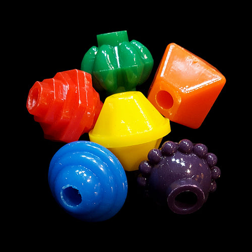 Brightly colored acrylic beads in assorted fun shapes. Beads measure approx 1