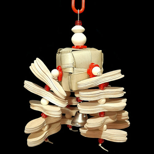 One hundred thin wood paddles with wood & acrylic beads strung on hemp cord from a 2