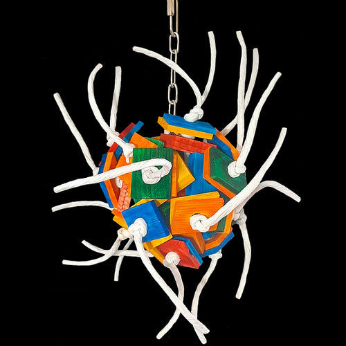 Hours of chewing adventure with lots of brightly colored softwood pine slats and blocks tied with long strands of paper rope onto a nickel plated chain base.   Hangs approx 14