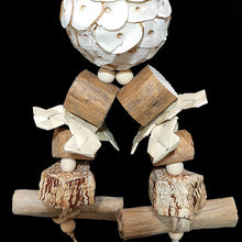 Load image into Gallery viewer, A multi-textured shredding toy made with an assortment of natural, easy to chew and destroy parts! The base is a super soft sola ball with mahogany chunks, cork stoppers, sola wood rounds, palm leaf shredders, banana leaf rolls and small wood snap beads. Designed for small birds who love soft textures and baby birds learning how to play.
