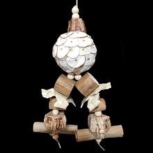 Load image into Gallery viewer, A multi-textured shredding toy made with an assortment of natural, easy to chew and destroy parts! The base is a super soft sola ball with mahogany chunks, cork stoppers, sola wood rounds, palm leaf shredders, banana leaf rolls and small wood snap beads. Designed for small birds who love soft textures and baby birds learning how to play.
