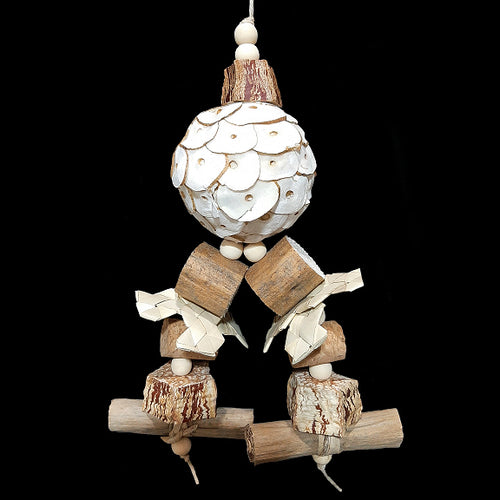 A multi-textured shredding toy made with an assortment of natural, easy to chew and destroy parts! The base is a super soft sola ball with mahogany chunks, cork stoppers, sola wood rounds, palm leaf shredders, banana leaf rolls and small wood snap beads. Designed for small birds who love soft textures and baby birds learning how to play.