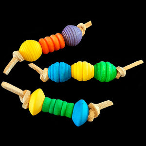 An assortment of small, lightweight foot toys made with colored wood beads strung on veggie tanned leather lace. Designed for small to intermediate birds. Each toy is approximately 3" - 4" depending on beads.