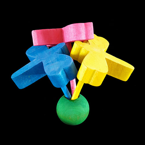 Wood dragonflies on paper sticks sprouting out of a wood ball. Designed for medium and large birds.