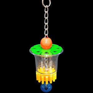 A clear acrylic cup with acrylic beads and a spinning gear hanging on nickel plated chain. Foraging stimulates natural behavior by making your bird work for its food! Be creative and hide your bird's favorite treats in shredded paper and stuff them into this cup. Designed for small to intermediate sized birds. Comes in assorted colors.  Measures approx 2-1/2" by 8" including link (cup measures 2" by 2-1/2" at the top).