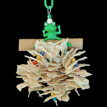 Load image into Gallery viewer, Shredder bird toy with a rubber frog on a sola stick log with hemp cord threaded with palm leaf zigzag shredders and small beads. Designed for small birds that love to shred.
