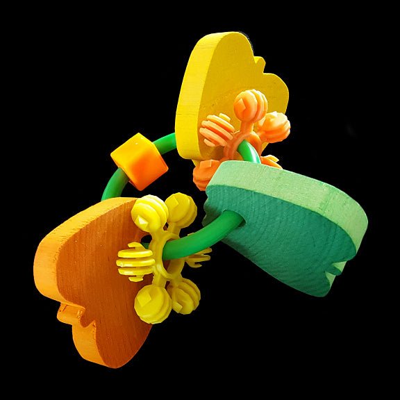 Designed for big birds, this foot toy has three large hardwood apples and chewy interstars on a strong plastic ring.  Measures approx 4