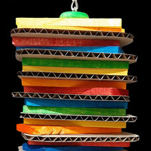 Load image into Gallery viewer, Double layers of brightly colored softwood pine slats with cardboard slices sandwiched in-between. Stacked on nickel plated chain.&nbsp;

*Also available in uncolored upon request.

Measures approx 4&quot; by 14&quot; including link.
