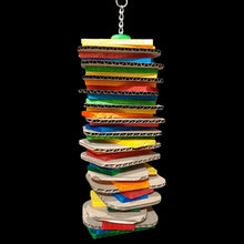 Load image into Gallery viewer, Double layers of brightly colored softwood pine slats with cardboard slices sandwiched in-between. Stacked on nickel plated chain.&nbsp;

*Also available in uncolored upon request.

Measures approx 4&quot; by 14&quot; including link.
