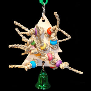 A veggie tanned leather Christmas tree with strands of double knotted seagrass cord (birds LOVE seagrass!) and acrylic beads on both the front and back. Hangs on a short length of nickel plated chain with a vacuum coated bell on the bottom. Designed for small to intermediate sized birds (lovebirds, cockatiels, conures, quakers, ringnecks, caiques, etc).  Measures approx 3-1/2" by 7-1/2" including link.