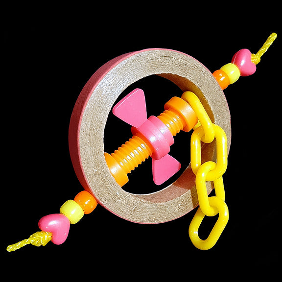 Plastic chain and a mini nut & bolt inside a bagel held together with paulie rope and pony beads. Designed for all medium to large birds.  Measures approx 3