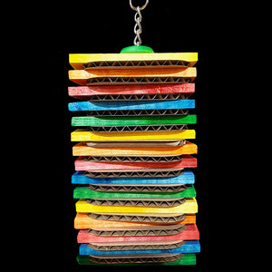 Brightly colored softwood pine slats with cardboard slices sandwiched in-between stacked on nickel plated chain.&nbsp;

*Also available in uncolored upon request.

Measures approx 3-1/2" by 9" including link.