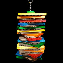 Load image into Gallery viewer, Brightly colored softwood pine slats with cardboard slices sandwiched in-between stacked on nickel plated chain.&nbsp;

*Also available in uncolored upon request.

Measures approx 3-1/2&quot; by 9&quot; including link.
