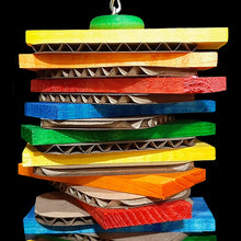 Load image into Gallery viewer, Brightly colored softwood pine slats with cardboard slices sandwiched in-between stacked on nickel plated chain.&nbsp;

*Also available in uncolored upon request.

Measures approx 3-1/2&quot; by 9&quot; including link.
