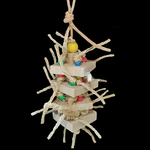 Four balsa wood slices strung on veggie tanned leather with a handful of pony beads and lots of crunchy sisal rope. This irresistible combination provides small to intermediate sized birds an ideal chewing and preening adventure! 