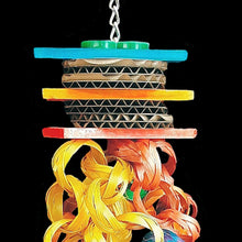 Load image into Gallery viewer, A great multi-textured toy with some wiggle and jiggle to it! Brightly colored pine slats, lots of cardboard rounds and bamboo chain strung on nickel plated chain. Designed for lighter chewers. Can also be hung from end to end to form a bridge toy.
