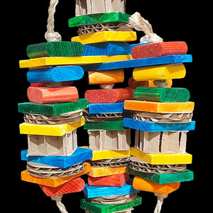 A great toy for medium sized birds who love smaller pieces! Five legs of brightly colored pine wood slats, pine wafer blocks, small cardboard honeycomb blocks and cardboard disks strung on jute rope from two large spinning pine wood slats.