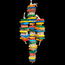 Load image into Gallery viewer, A great toy for medium sized birds who love smaller pieces! Five legs of brightly colored pine wood slats, pine wafer blocks, small cardboard honeycomb blocks and cardboard disks strung on jute rope from two large spinning pine wood slats.
