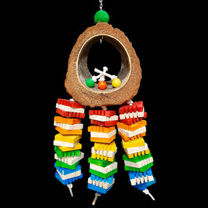 Made with a natural coconut shell and husk ring with lots of notched pine slices knotted on cotton cord.  A great toy for beaks that don't like hard wood as the coconut husk is easy to shred and the pine slices with the notches are easy to chip away at! Toy hangs from nickel plated chain.  Measures approx 6" by 17" including link.