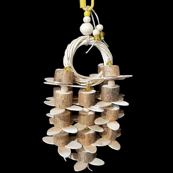 Lots of super soft sola wood, thin wood paddles and little beads dangling from a 3 inch willow ring. Strung on hemp cord. Designed for small to intermediate sized birds who are not big chewers. Note: Sola wood is very soft and similar to balsa.  Measures approx 4