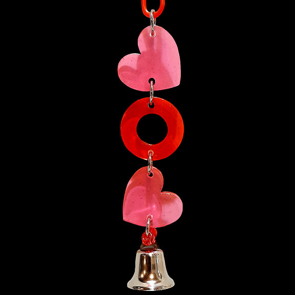 Extra thick crystal colored acrylic shapes in pink and red with a nickel plated bell to ring.  Hangs approx 8