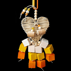 One dozen 1" by 1" balsa wood blocks dangling under a large vine heart with small acrylic & wood snap beads along with cork stoppers on both sides. Strung on hemp cord. Designed for small to intermediate birds who love the soft texture of balsa. Available in assorted color combinations.