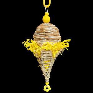 There will be no screaming once your bird gets it's beak into this cone made just for them! A sola rope ball sitting inside a vine cone stuffed with crinkle cut paper shred. Built on stainless steel wire and designed for small birds. Available in assorted colors.  Measures approx 3" x 9" including link.