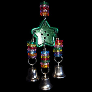 A rainbow mixture of stringing rings and bells on nickel plated chain on a big crystal button. Your fid will have a rattling good time with this toy!   Hangs approx 8-1/2" including link.