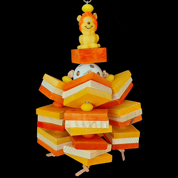 Four legs of pine slats and acrylic beads strung on veggie tanned leather from a perforated golf ball topped off with a vinyl critter sitting on a pine block. The base of this toy is nickel plated chain. Designed for intermediate to medium sized birds.  Measures approx 5