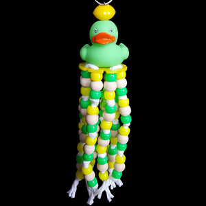 A combination of pony beads & little wood beads knotted on cotton mop hanging under a little rubber duck with mini pacifiers hidden inside.  Hangs approx 8" including link.