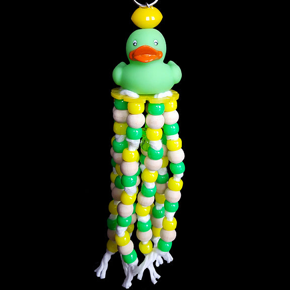 A combination of pony beads & little wood beads knotted on cotton mop hanging under a little rubber duck with mini pacifiers hidden inside.  Hangs approx 8