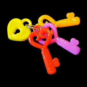 Designed for little beaks & feet! A light-weight foot toy made with small acrylic keys attached to a little heart charm.  Measures approx 2" across.