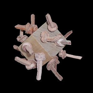 A wood cube with lots of veggie tanned leather knots inserted into each side. Designed for medium and large birds.  Measures approx 2-1/2" by 2-1/2".