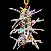 Load image into Gallery viewer, Bird toy made with four 1-1/2&quot; veggie tanned leather squares knotted with veggie tanned leather lace strung on nickel plated chain with pony beads and acrylic charms between each layer.  Hangs approx 8&quot; including link.
