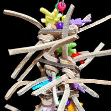Load image into Gallery viewer, Bird toy made with four 1-1/2&quot; veggie tanned leather squares knotted with veggie tanned leather lace strung on nickel plated chain with pony beads and acrylic charms between each layer.  Hangs approx 8&quot; including link.
