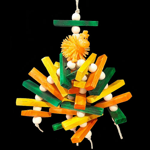 Brightly colored mini softwood slats and small wood beads dangling under a little porcupine critter. Strung on hemp cord. Available in assorted critter and color combinations.  Hangs approx 9