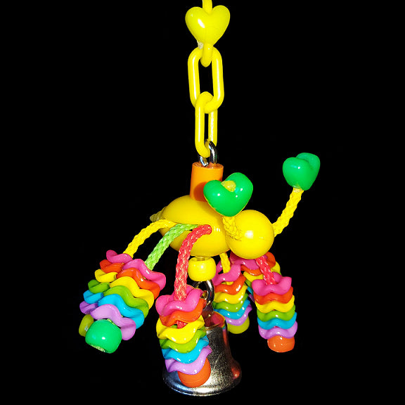 Hanging from plastic chain is a little plastic bug body with paulie rope legs filled with wiggle rings & a nickel plated bell.