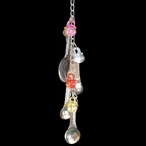 Four stainless steel measuring spoons with colorful acrylic charms linked on nickel plated chain with cool clip links on each end. This toy can be hung either horizontally or vertically in your bird's cage.  Measures approx 11" including links.