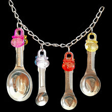 Load image into Gallery viewer, Four stainless steel measuring spoons with colorful acrylic charms linked on nickel plated chain with cool clip links on each end. This toy can be hung either horizontally or vertically in your bird&#39;s cage.  Measures approx 11&quot; including links.
