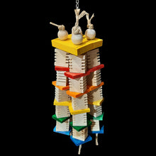 Load image into Gallery viewer, Handmade bird toy with 4 columns of pine blocks and colored pine slats on jute rope under a pine block base. Hangs on nickel plated chain. A perfect toy for the wood lovers in your family!

