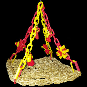A fun hammock made with a 7" by 7" seagrass mat suspended by plastic chain and adorned with little toys. Makes a great swinging perch or play gym for small birds. Ideal for lovebirds, budgies, small conures and cockatiels.  Hangs approx 10" with link.